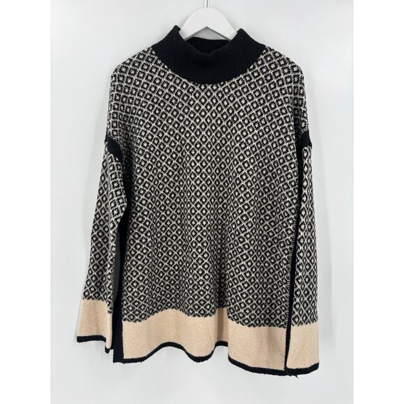 J. Jill Sweater Womens Large Black Beige Pullover Mock Neck Cotton Blend Slit - Picture 1 of 14